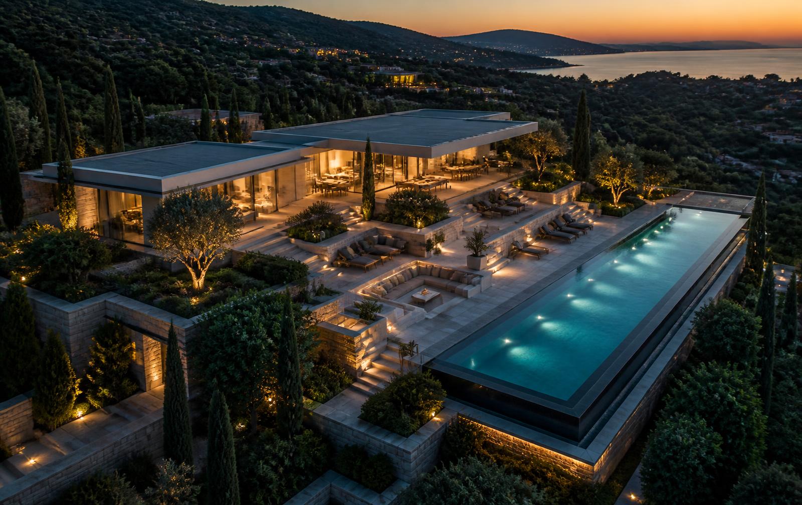 Private luxury estate with infinity pool and landscaped terraces at dusk