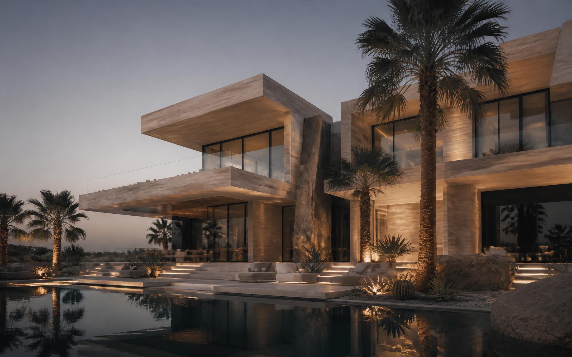 Contemporary luxury residence with illuminated stone facade and reflecting pool at dusk