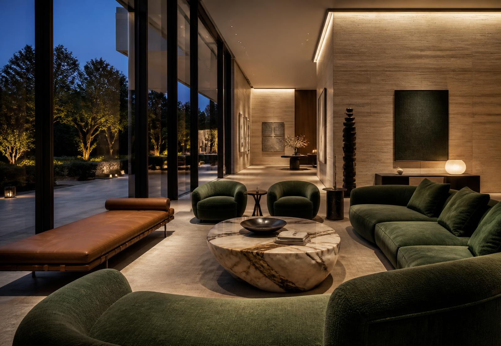 Luxury residence salon with floor-to-ceiling glazing, travertine walls and emerald furnishings